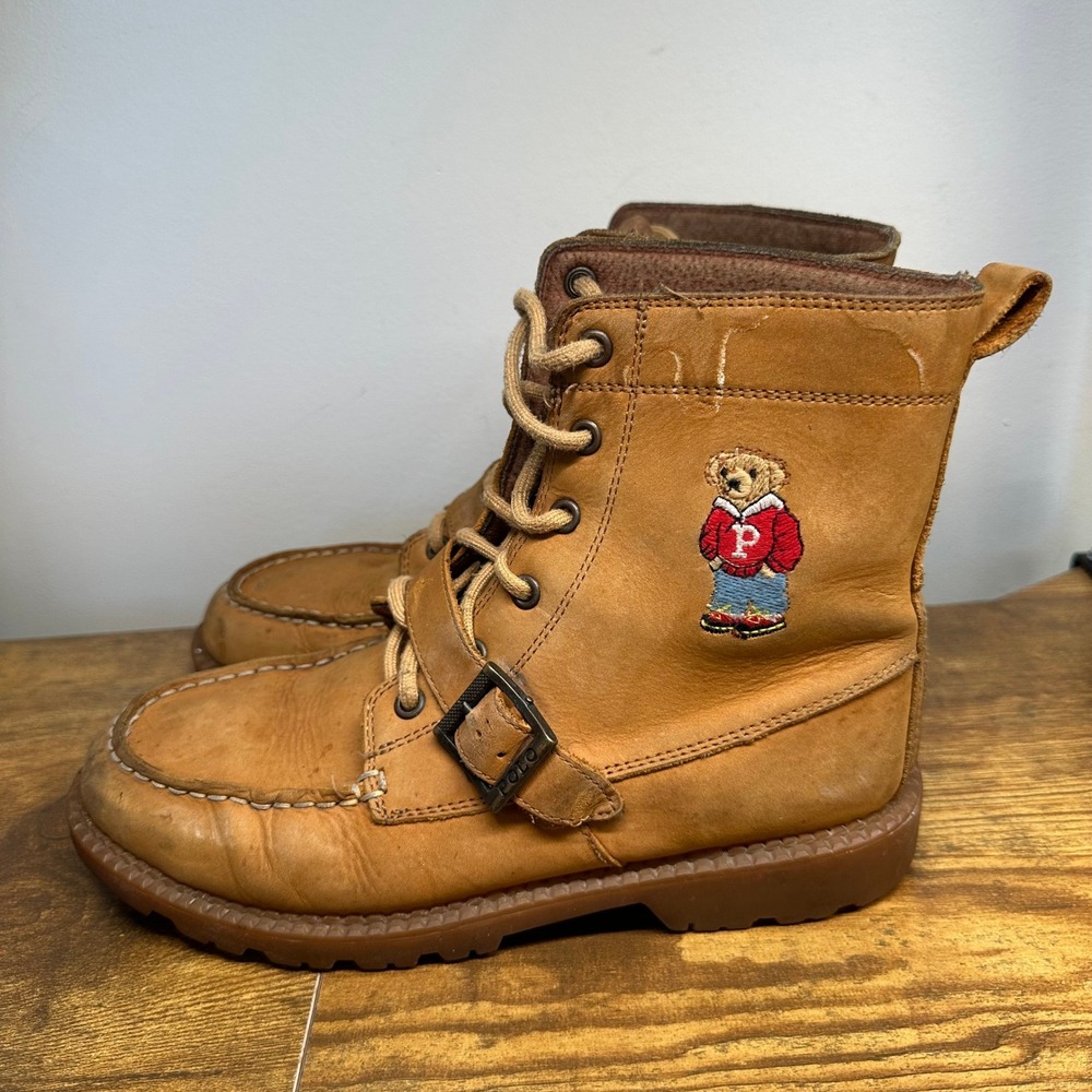 Polo Ralph Lauren Ranger Boots Tan Leather Polo Bear Moc Toe Buckle - Picture 5 of 13